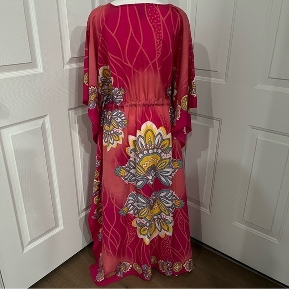 California Vibrant Pink Kaftan Tunic Gold Bling Colorful Waist Tie Women OneSize - Picture 4 of 12